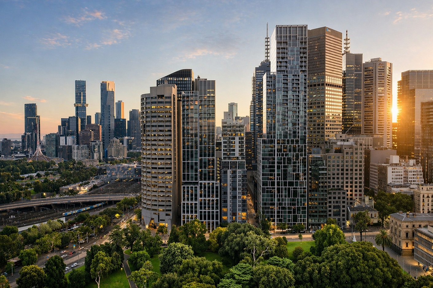 Melbourne CBD skyline at sunset with parkland in the foreground